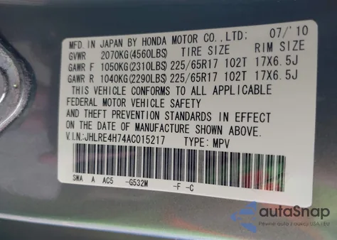 2010 Honda Cr-V Ex-L from USA, damaged, VIN JHLRE4H74AC015217